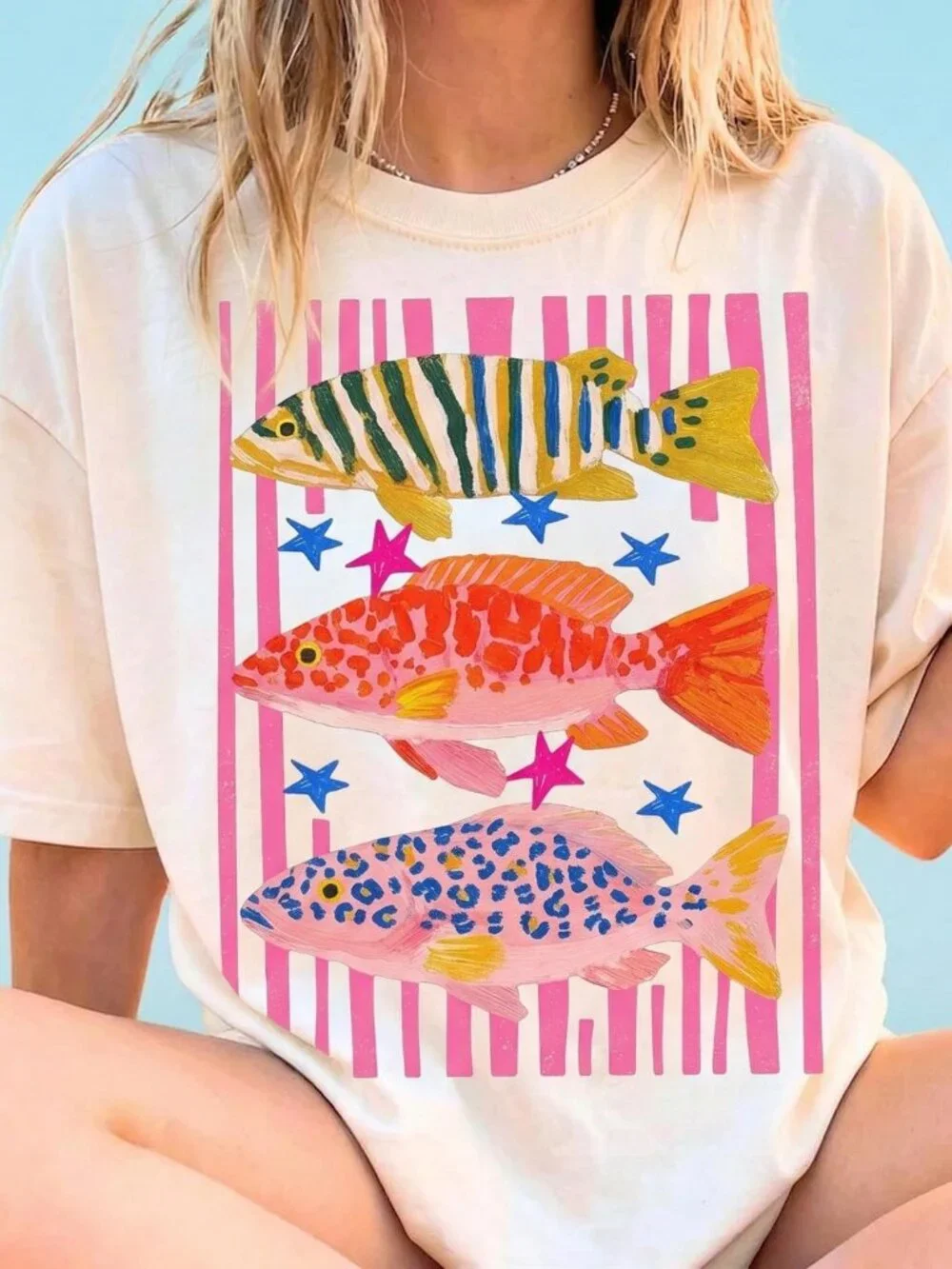 Maximalist Tropical Fish Trio T-Shirt 🐠🌺🌊 | Bold Ocean Graphic Tee - Picture 4 of 4